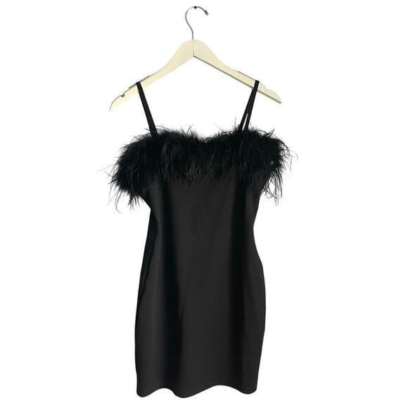 Fashion Nova | Dresses | Fashionnova Feather Trim Black Mini Dress Sz ...